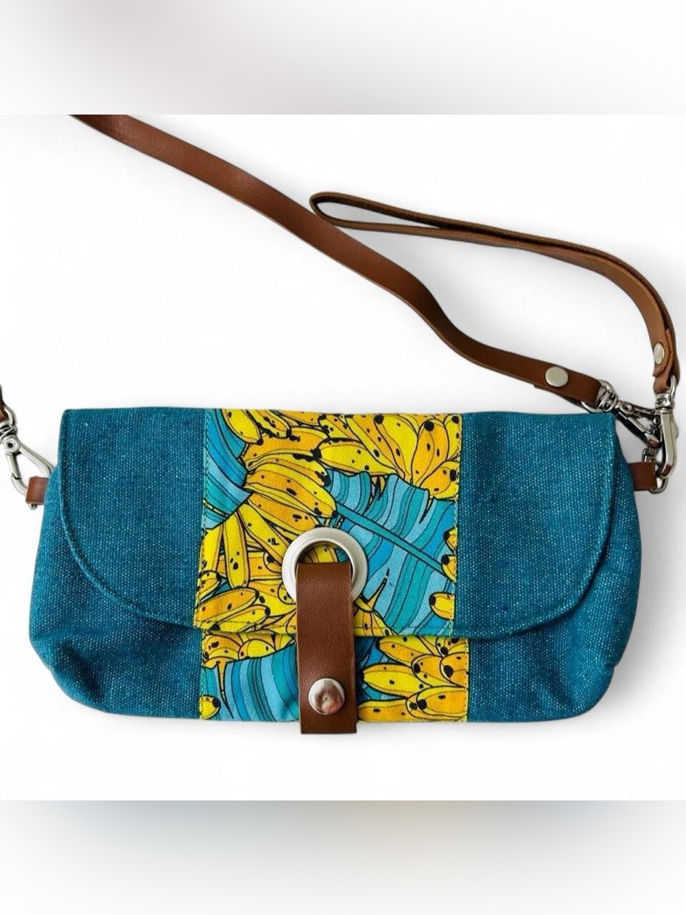 Banana Teal and Yellow Crossbody Clutch with Leather Strap